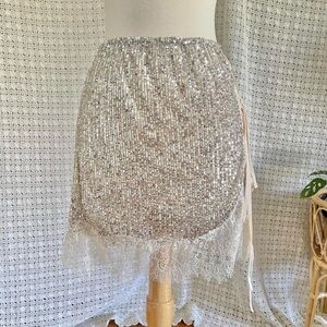 NWT Intimately Free People Silver Sequin Mesh Lace Wrap Skirt Size XS Party